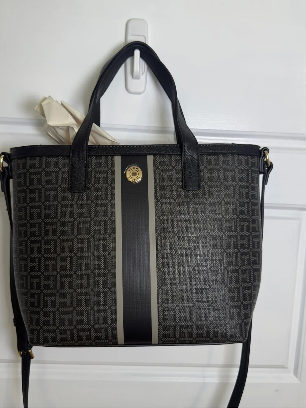 Tommy Hilfiger Black and Gray Monogram Tote with Center Stripe